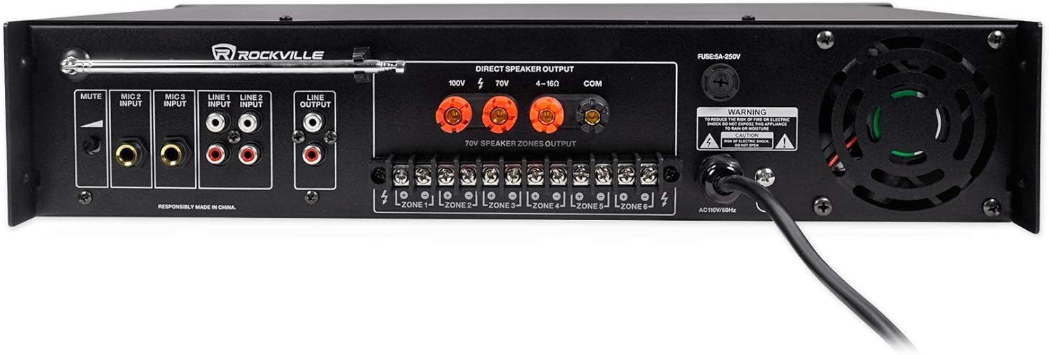 Rockville RCS180-6 180W 6-Zone 70v Commercial Amplifier, Bluetooth, USB/SD/RCA, Mic, Optical Inputs, FM, for Restaurants/Offices