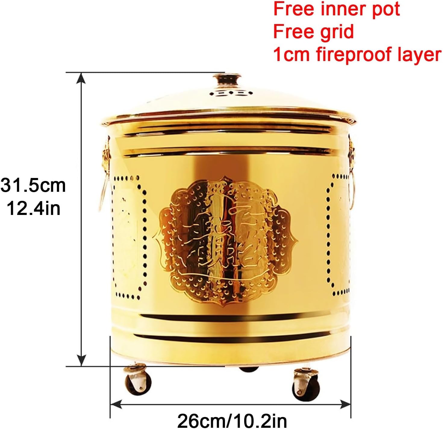 Stainless Steel Outdoor Smokeless Burn Barrel with Lid Garden Incinerator Burning Fire Bin Fire Pits with Wheels Burning Gold Barrel Burning Scripture Barrel for Paper Leaf Trash Indoor(Gold,10.2in)