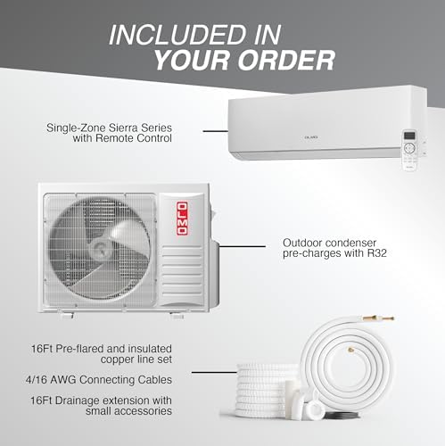 OLMO 12,000 BTU 115V Ductless Mini Split Air Conditioner & Heat Pump – 17.4 SEER2 – 16FT Installation Kit Included – Inverter System – Pre-Charged with R-32