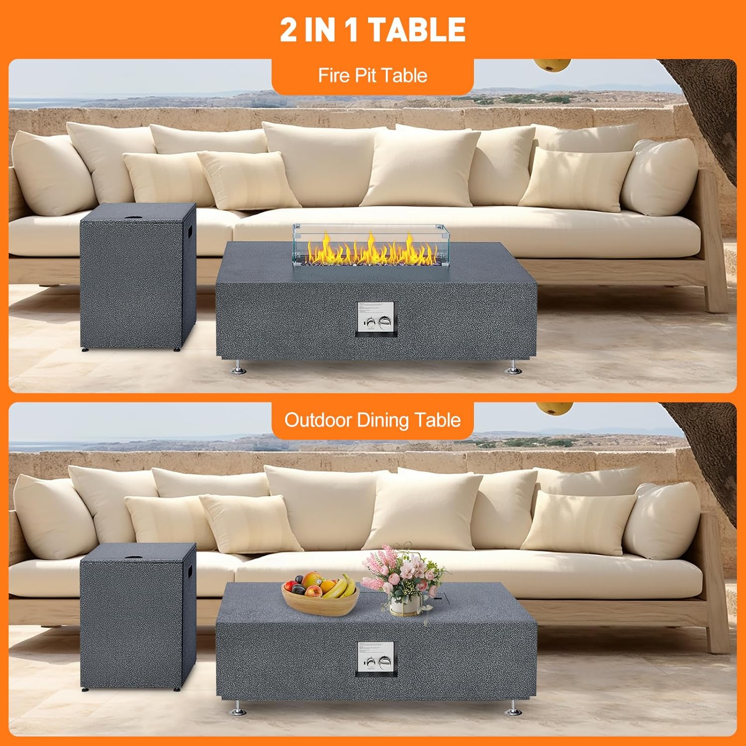 Outdoor Fire Table, 48 inch Rectangle Propane Gas Fire Pit Table, 50,000 BTU Modern Firepit with 16 inch Tank Cover Side Table, Wind Guard, Fire Glass, Rain Cover