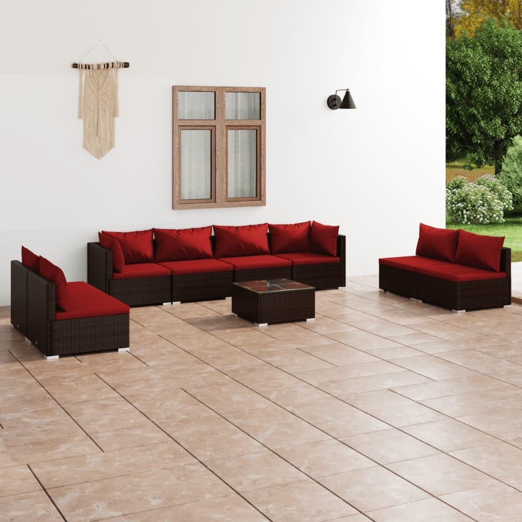 9 Piece Patio Lounge Set with Cushions Poly Rattan Brown,Stylish Patio Lounge Set with Modular Design for Enhanced Comfort and Versatility Outdoor Furniture Sets, Patio Furniture