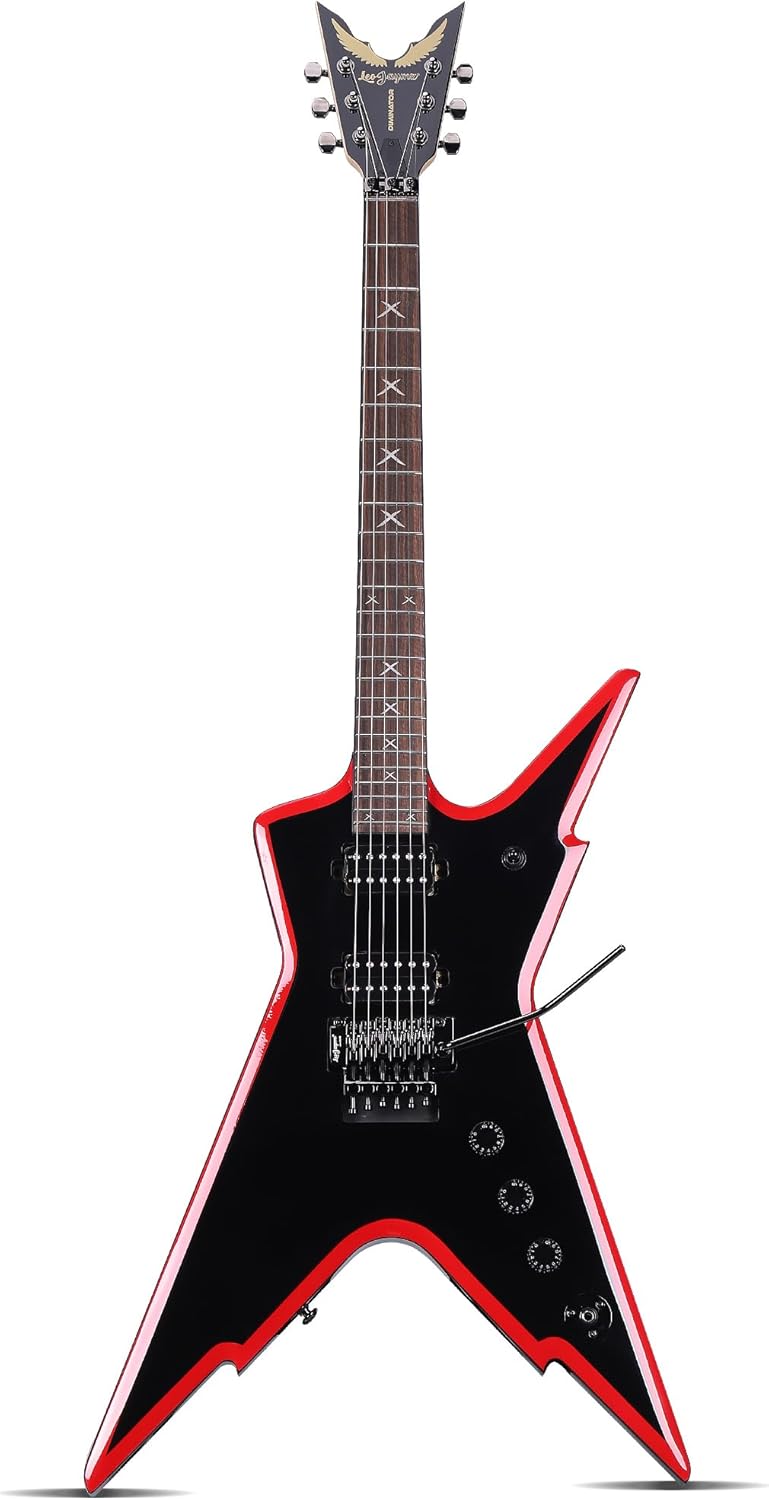 Leo Jaymz Diminator 6-String Electric Guitar, Bone Nut, 24 Fret, Mahogany Body with Roasted Maple Neck, Rose Wood Fretboard, Alnico V Pickups, Double Way Tremolo System With Locking Nut(Black-Red)