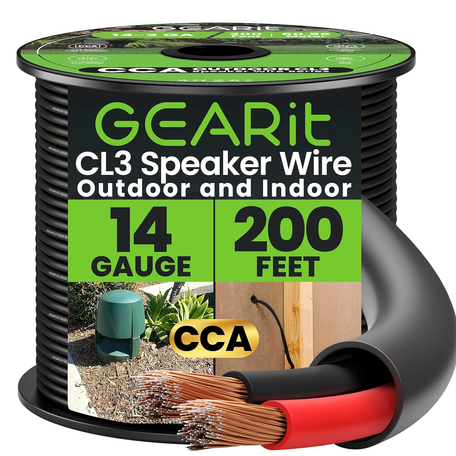 GEARit Outdoor Speaker Wire CL3 Rated, 14 Gauge Speaker Wire, Speaker Cable 200 ft for Outdoor Speakers, Patio, Garden, Backyard Audio, Direct Burial in Ground/in Wall, CCA (Black, 2-Conductors)