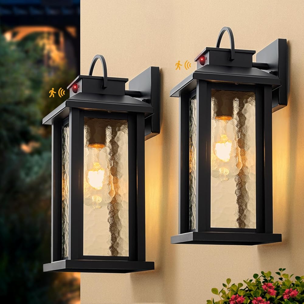 2 Pack Motion Sensor Outdoor Lights, Matte Black Dusk to Dawn Porch Lights Outdoor Light Fixture with Water Glass, 3 Lighting Modes Exterior Lighting Fixtures, Waterproof Outside Light for House