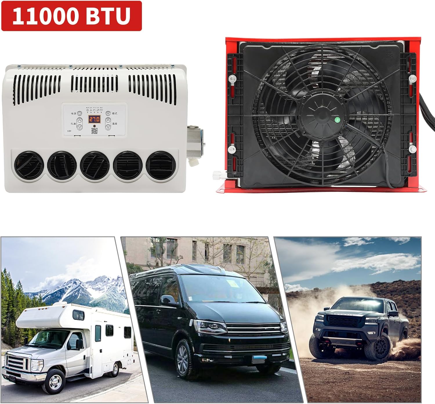 RV Cab Air Conditioner w/Remote Control 12V 400-600W Universal Air Conditioner Split RV AC System Units for Semi Trucks Bus RV Caravan 11000 BTU