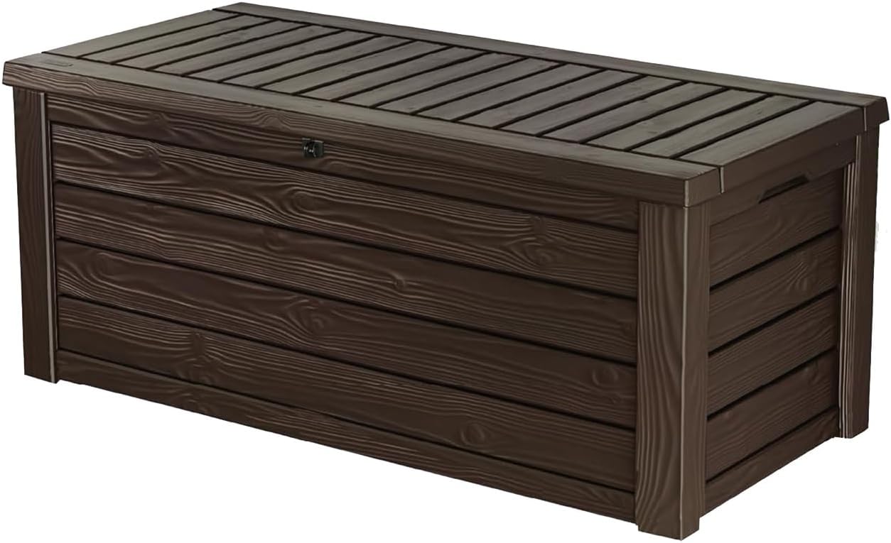 150 Gallon Storage Deck Box, Weather Outdoor Resin Patio Lockable Bin & Bench, Wood Grain (Brown,Gray)(Brown)