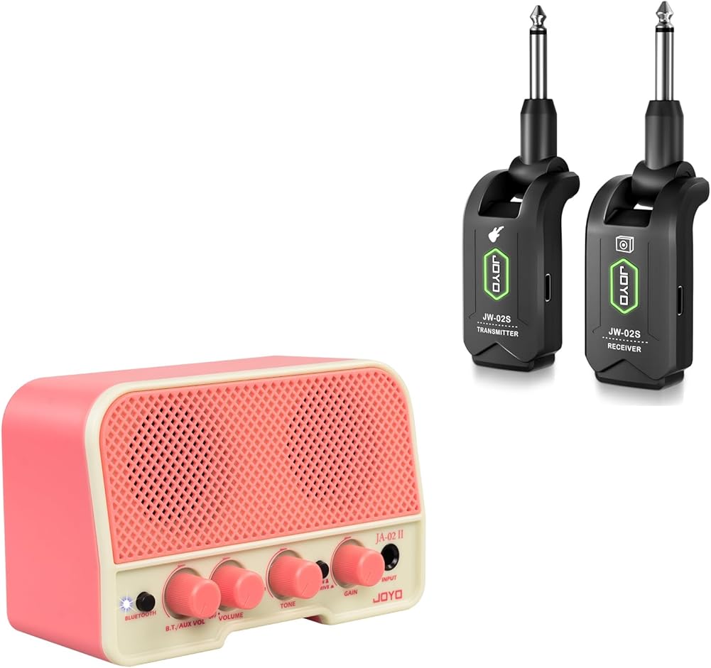 JOYO 5.8GHz Wireless Guitar System (JW-02S) Bundles with JOYO 5W Mini Practice Guitar Combo Amp (JA-02 II Pink)