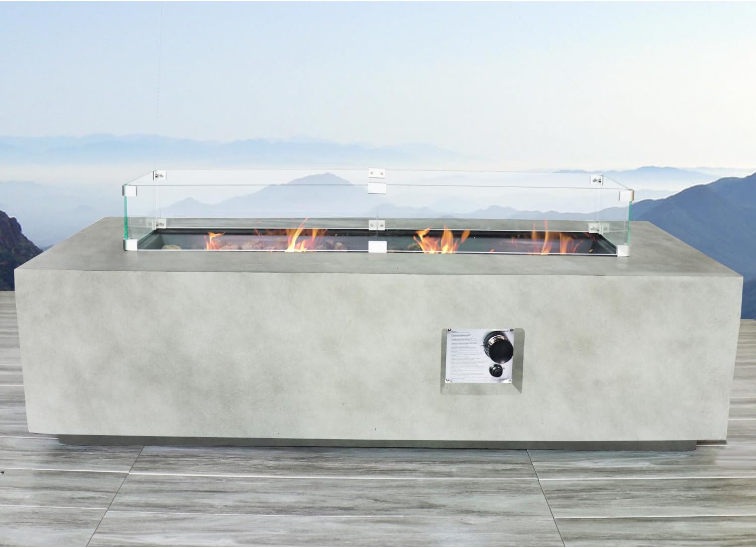 Rectangular Concrete Propane Fire Pit Table with Fiber Reinforcement - Grey - Adjustable Heat Output - Outdoor Patios, Decks, Backyards - Modern Warmth