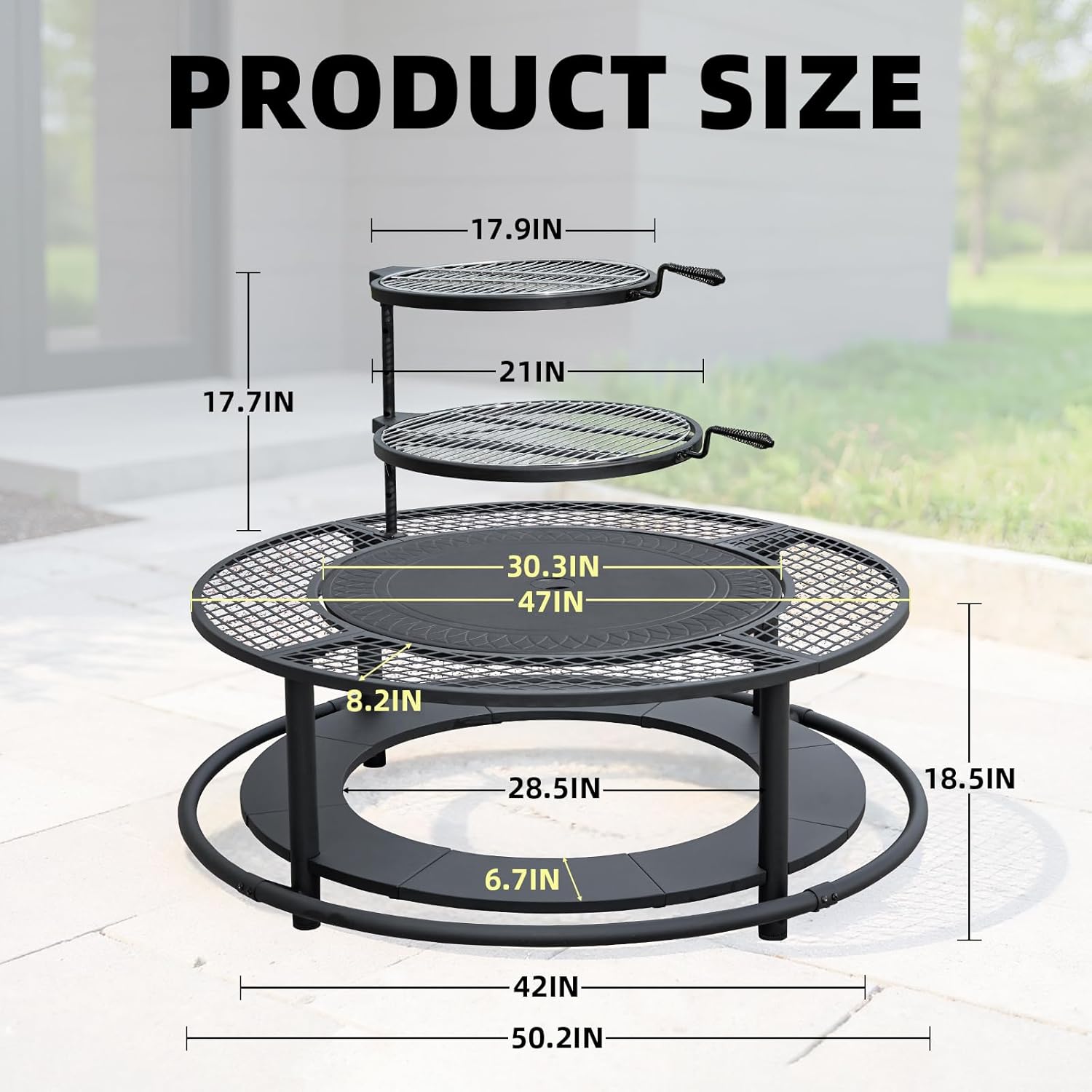 50 Inch Fire Pit Surround Tabletop for Smokeless Fire Pit, Outdoor Surround Table with 2 Grill Grates and Firewood Storage Shelf, Protective Barrier for Safety & Extra Space (Stove not Included)