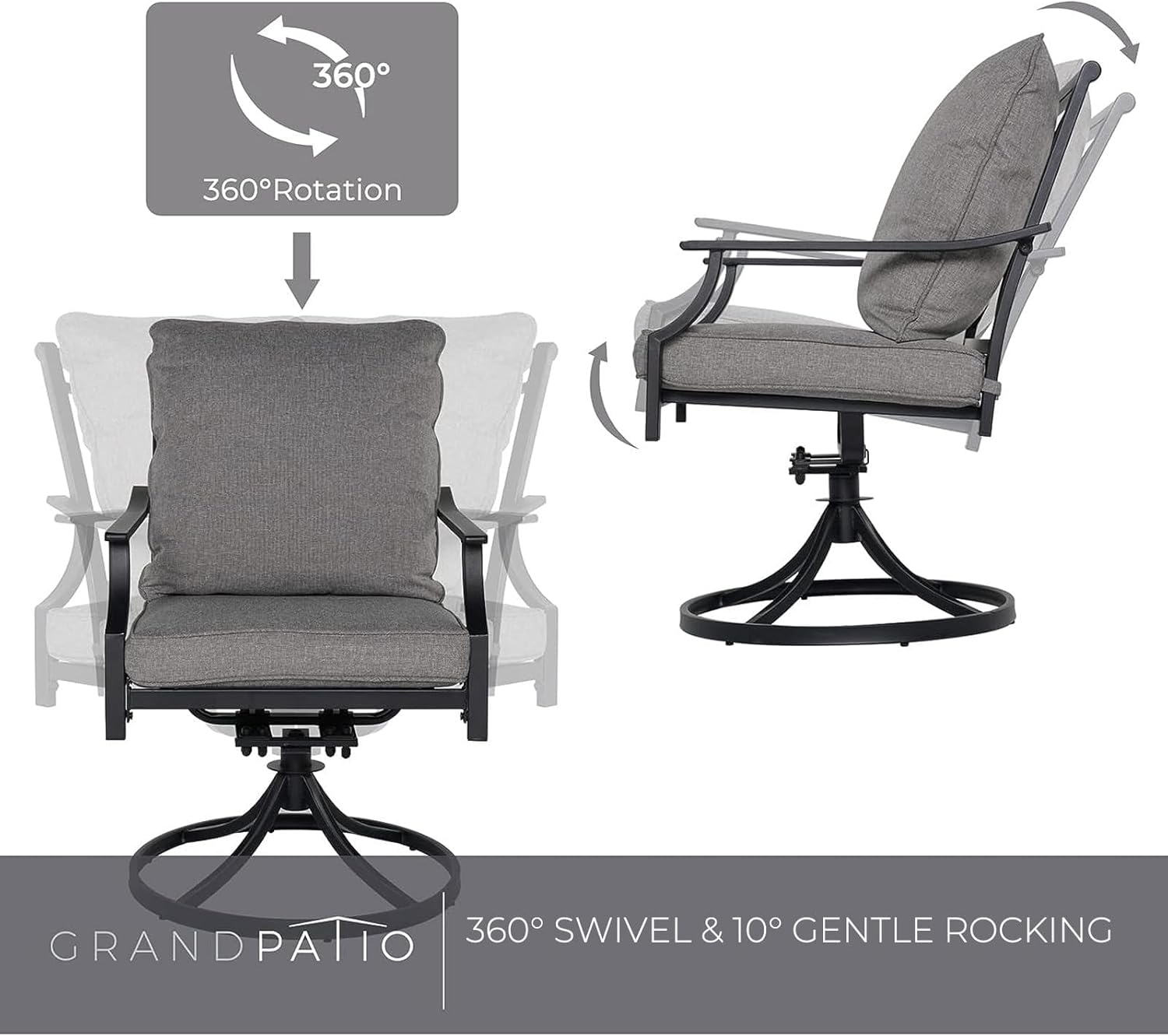 Grand patio 5-Piece Patio Dining Set for 4, E-Coated Outdoor Dining Set 2 PCS Fixed & 2 PCS Swivel Patio Dining Chairs with Olefin Cushions & 1 Brown Square Dining Table with 1.5”Market Umbrella Hole