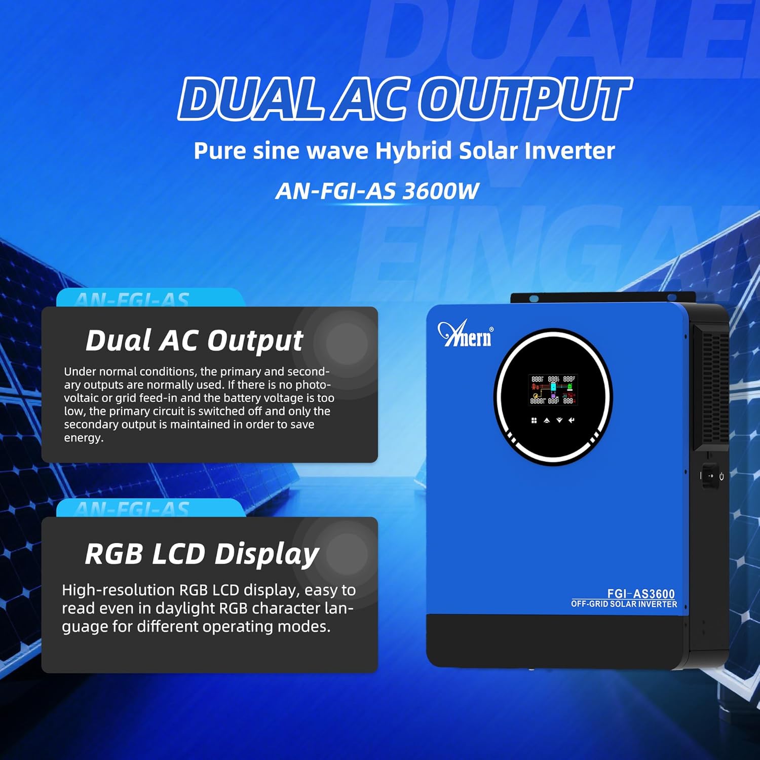 Anern 3600W Solar Inverter Charger 24VDC to 110VAC All in One, Hybrid Voltage Converter with 120A Mppt Charge Controller, Pure Sine Wave Power Two AC Output for Battery-Less or AGM Lithium Battery