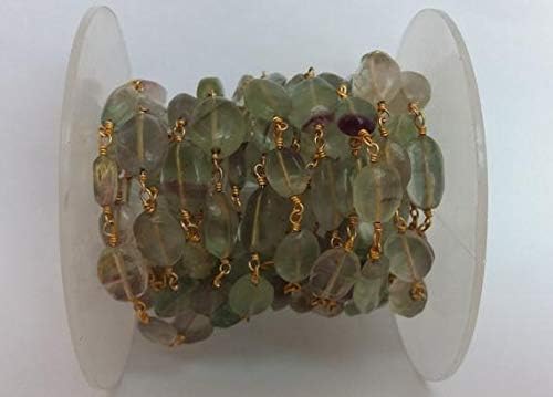 JEWELZ 3 feet natural fluorite smooth oval beaded chain - 24k gold plated wire wrapped chain - oval beaded chain - beads 6x8mm