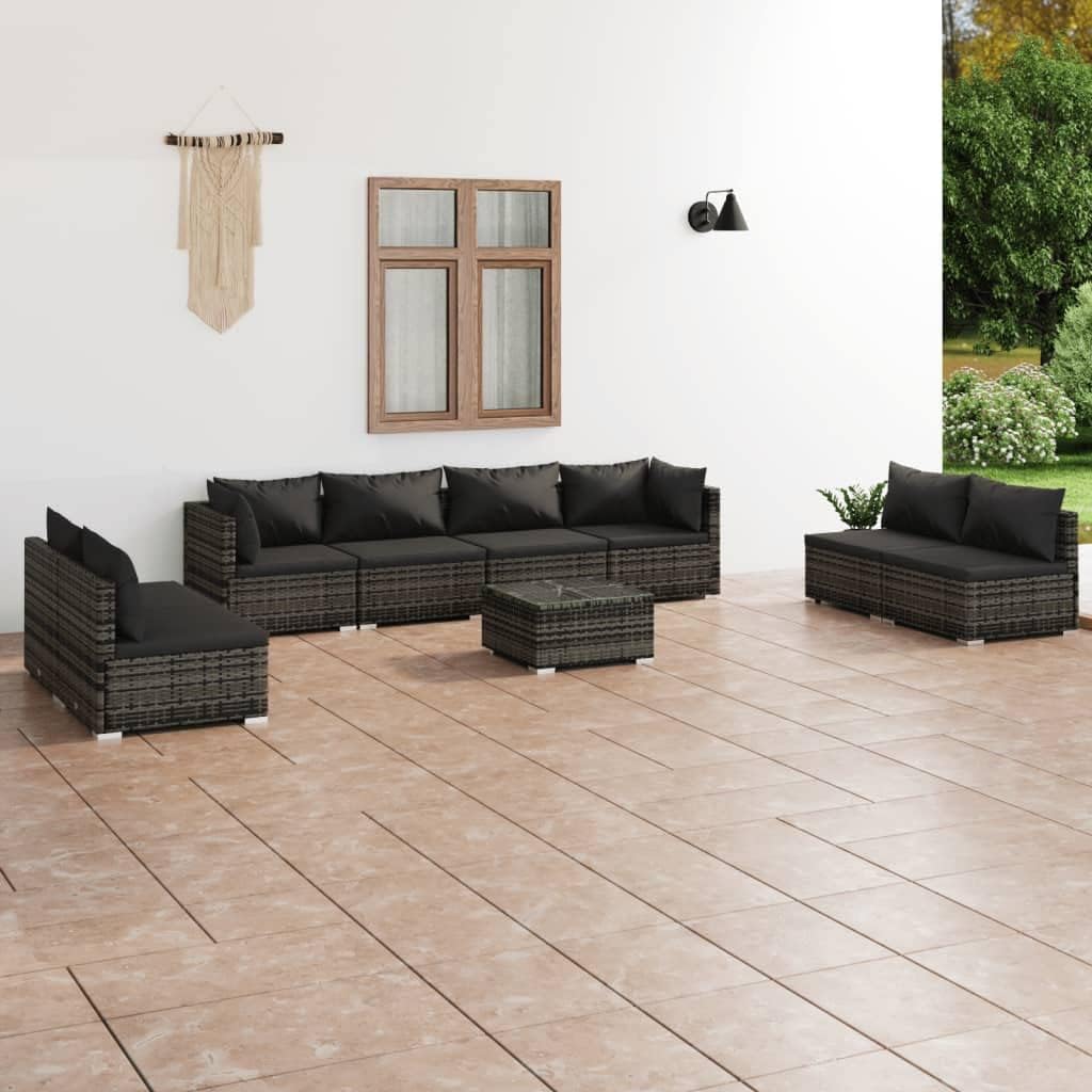 9 Piece Patio Lounge Set with Cushions Poly Rattan Gray,Premium Modular Patio Lounge Set: WeatherResistant Comfort and Style for Your Outdoor, Patio Furniture Sets, Outdoor Furniture Sets