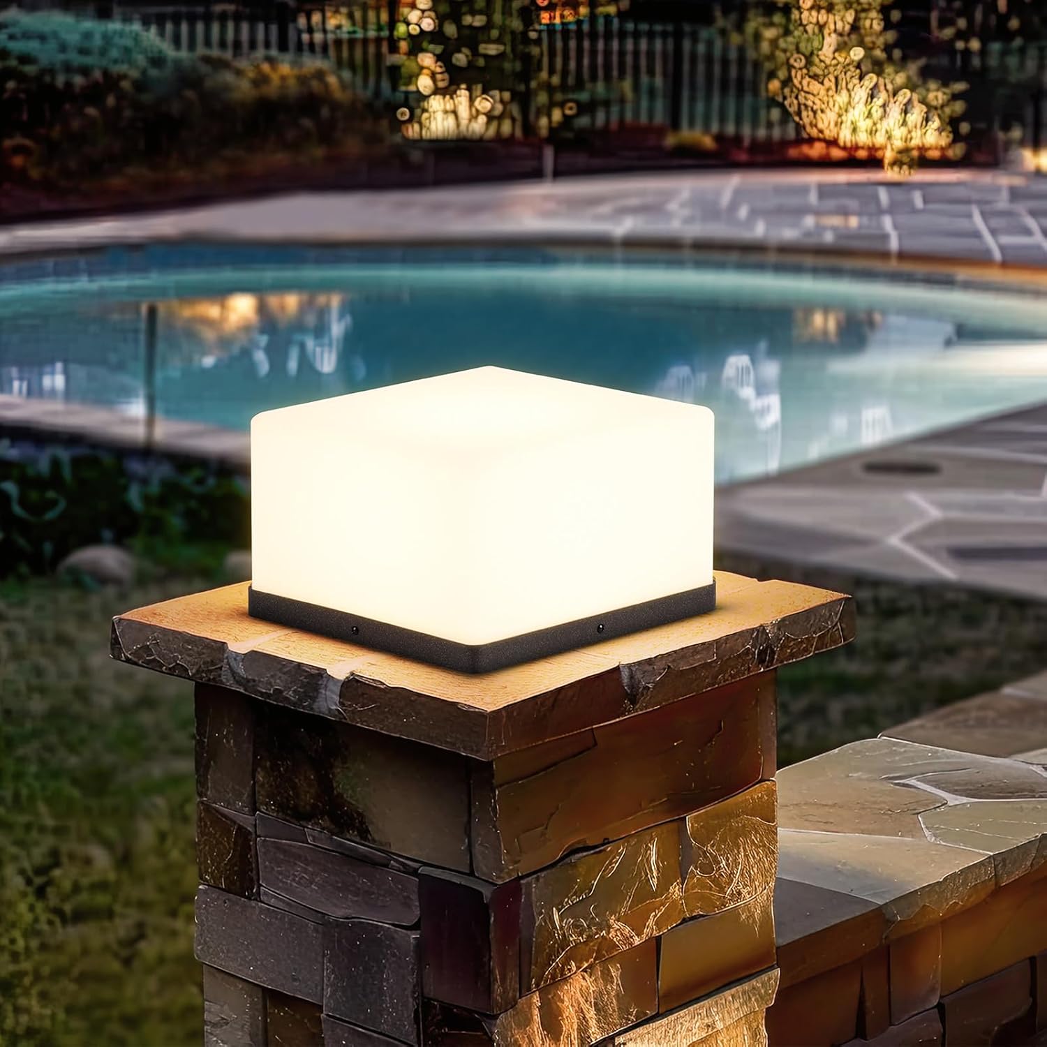 Outdoor Post Light Modern Fence Deck Post Lights Squre Column Pillar Lamp Outside 3000K Warm LED Lantern with Waterproof E26 Bulb for Flat Surface Patio Garden Decoration (High Voltage Wired,10