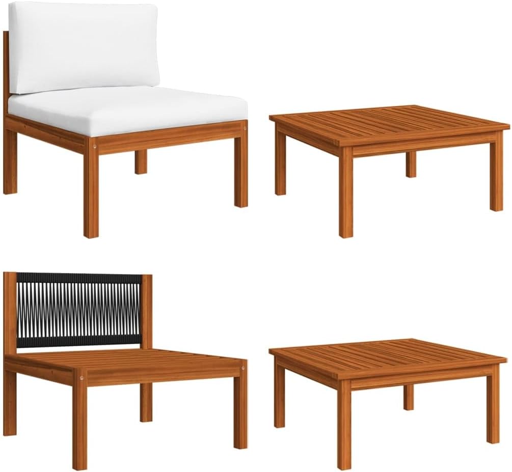 2 Piece Patio Lounge Set with Cushions Solid Acacia Wood,Acacia Wood Patio Lounge Set with Rope Design Modular Cream White Cushions, Black Rope Outdoor Furniture Sets, Sectional Sofa Units