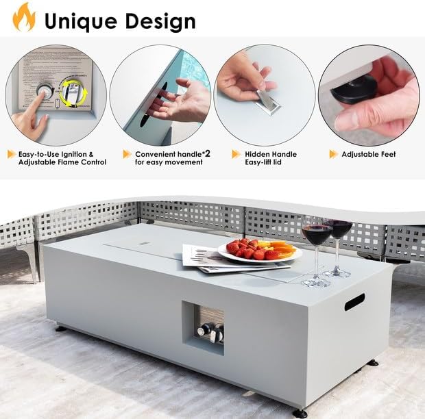 NICESOUL 42'' Rectangle Outdoor Gas/Propane Firepit Table, 50,000 BTU Low Profile Modern Fire Pit with Tank Storage & Windguard& Cover & Glass Rocks for Patio Outside, CSA Certified, Greyish White