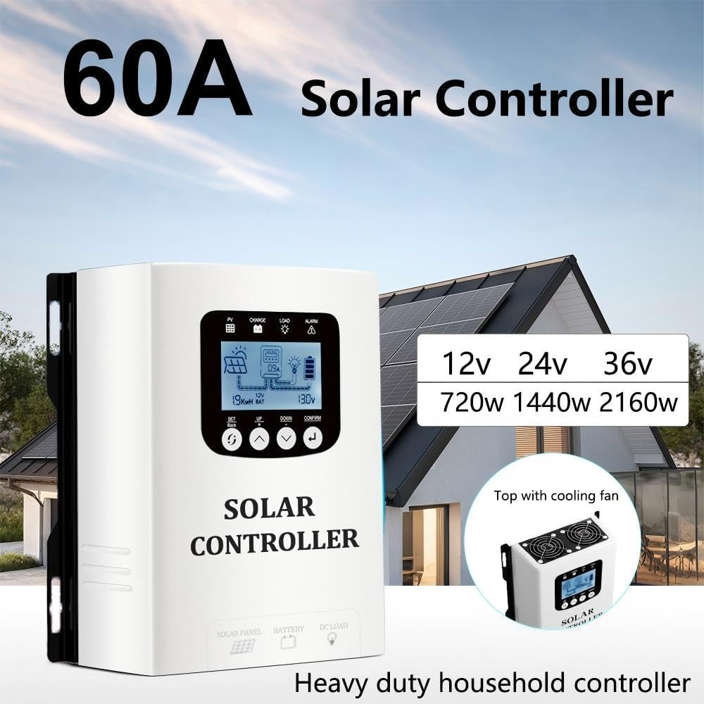 60A PWM Solar Charge Controller, 12V/24V/48V Automatic Solar Panel Current Detection System with 60A Maximum Output for Batteries