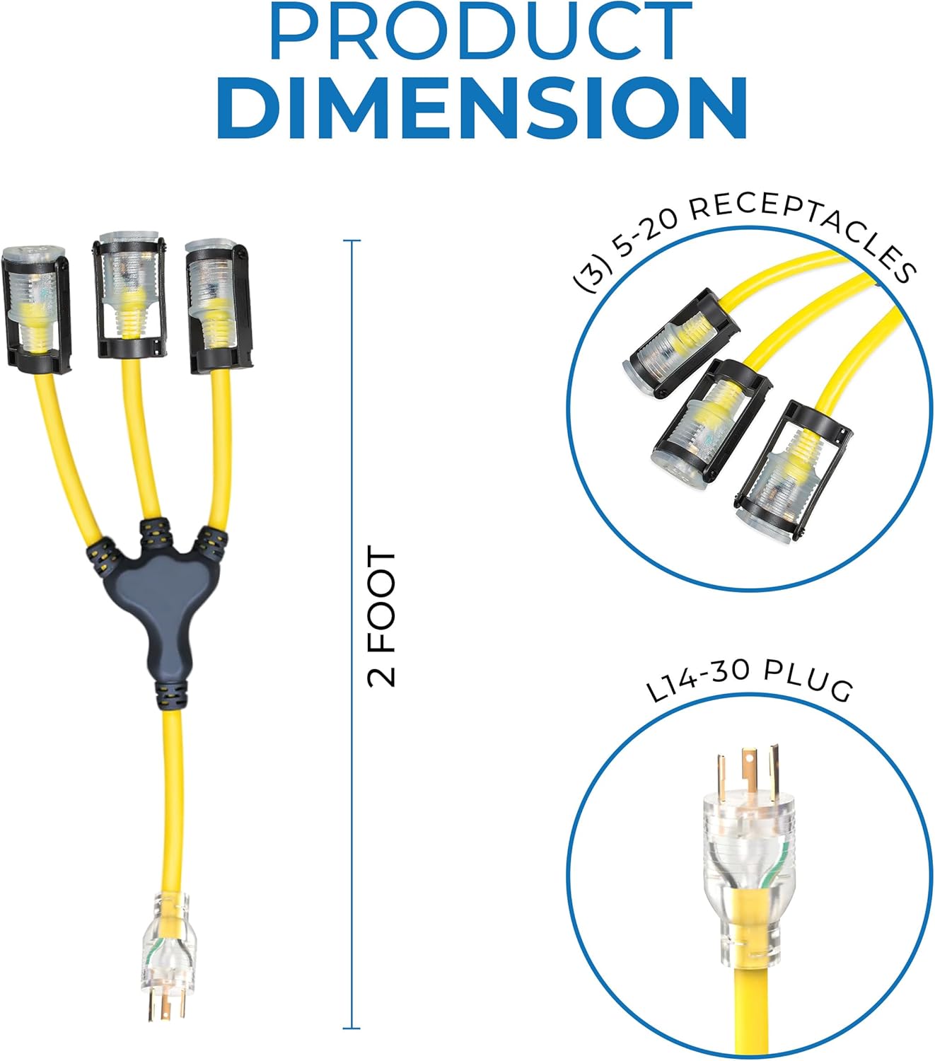 OHLECTRIC 2 Feet Yellow Extension Cords with Lighted End – Lighted Generator W Adopters with E-Zee Lock Connectors - Converts Single L14-30 Plug into Three 5-20 receptacles