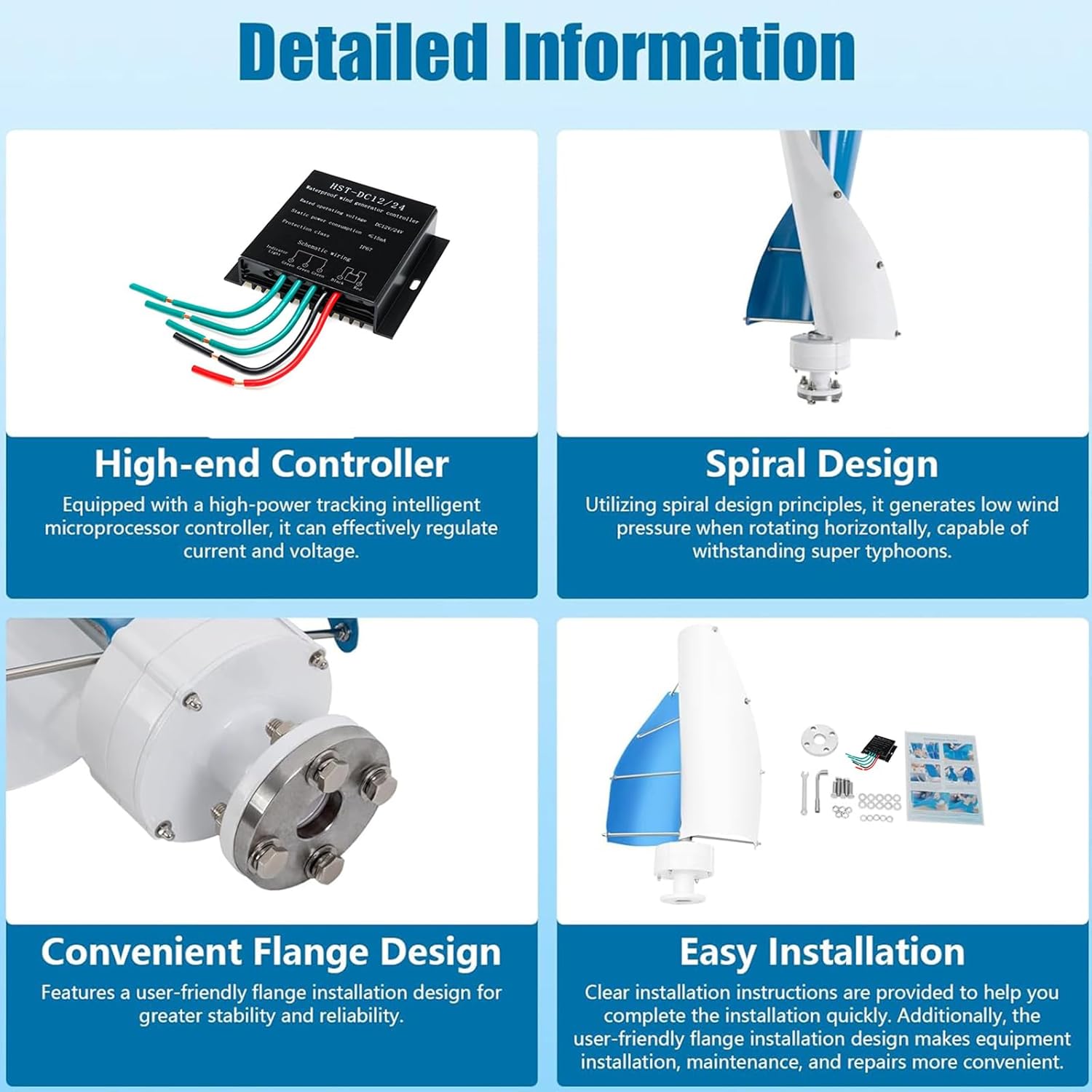 Vertical Wind Power Turbine Generator Kit, AC 12V/24V/48V/220V Portable Spiral Maglev Wind Turbine Generator W/Charge Controller for Outdoor Gardens(8000W)