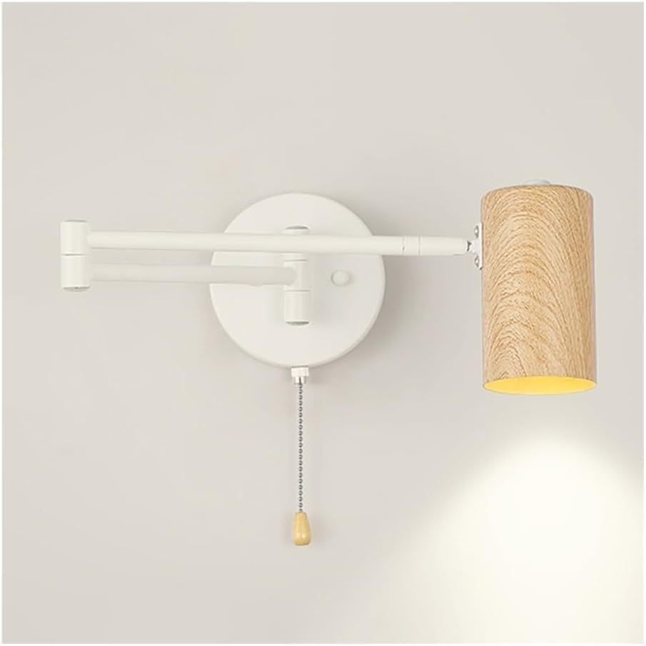 Adjustable Swing Arm Wall Sconce, with Pull Switch, LED Wall Light Fixture, Modern Wall Lamp, Vintage Wall Light for Bedroom and Study Room (GU10) Lighting Fixtures(Raw Wood)
