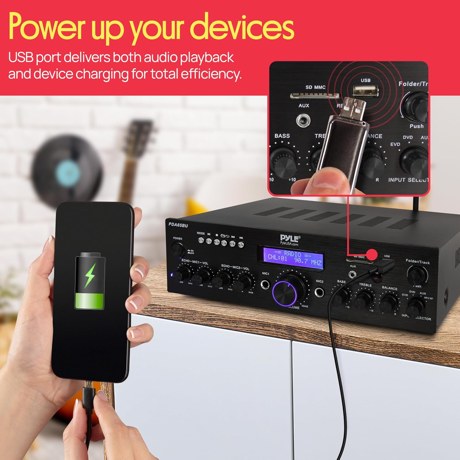 Pyle 200W Wireless Bluetooth Power Amplifier - Dual Channel Stereo Receiver with USB Flash Reader - SD Card - AUX - MIC IN w/ Echo - Radio - Home Theater - Studio Use - RCA Output - PDA65BU