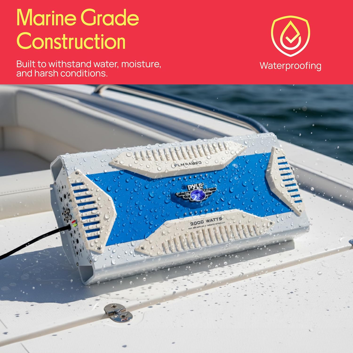 Pyle Hydra Marine Amplifier - Upgraded Elite Series 3000 Watt 8 Channel Bridgeable Amp Tri-Mode Configurable, Waterproof, MOSFET Power Supply, GAIN Level Controls and RCA Stereo Input - PLMRA820