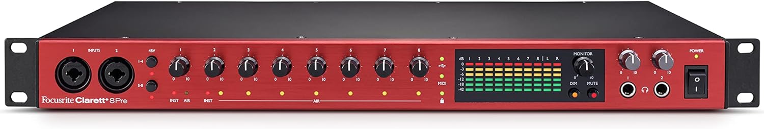 Focusrite Clarett+ 8Pre Studio-Grade 18-in/20-out Audio Interface for Established Producers —Eight High-Performance, Low-Noise, Low-Distortion Mic Preamps Capture Audio with Precise Clarity