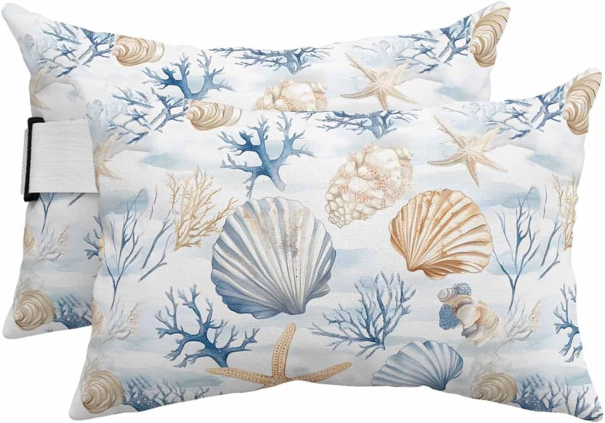 Outdoor Pillow for Chaise Lounge Chair Beach Marine Life Waterproof Lumbar Pillow with Insert Starfish Shell Headrest Pillow with Adjustable Elastic Stripe for Recliner Beach Garden Patio 12x20 Inch