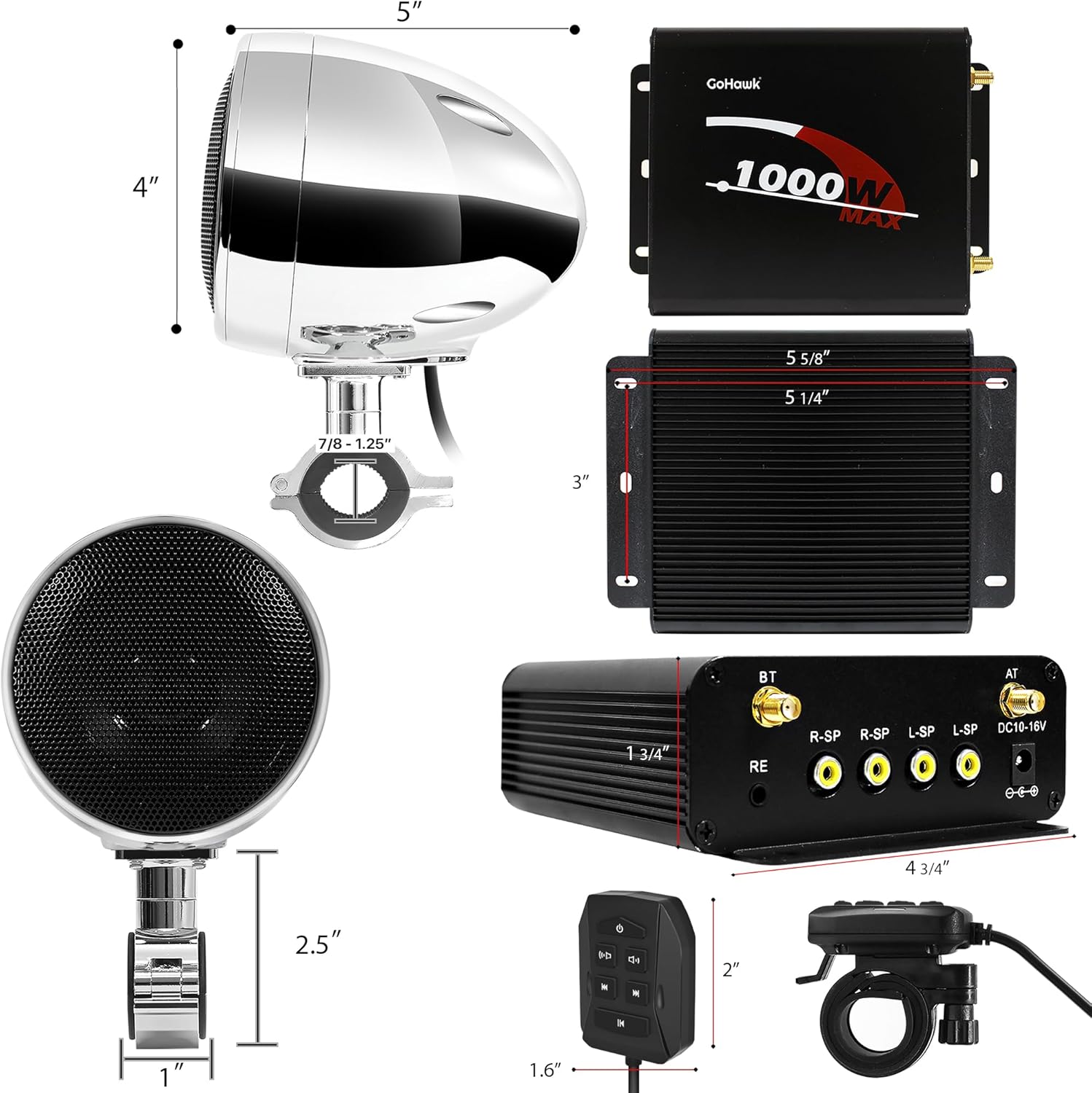 GoHawk Motorcycle Speakers and Amplifier Audio Sound System, 1000W Bluetooth Weatherproof 4 Inch Radio Audio System AUX USB SD FM Radio, Volume Control, ATV UTV Compatible