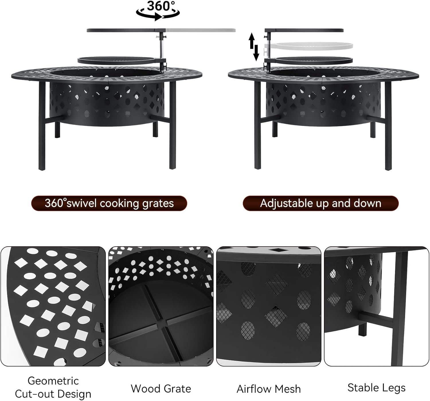 SZHLUX 42 Inch Fire Pit with 2 Grills, Wood Burning Fire Pits for Outside with Lid, Poker and Round Waterproof Cover, BBQ& Outdoor Firepit & Round Metal Table 3 in 1 for Patio, Picnic, Party