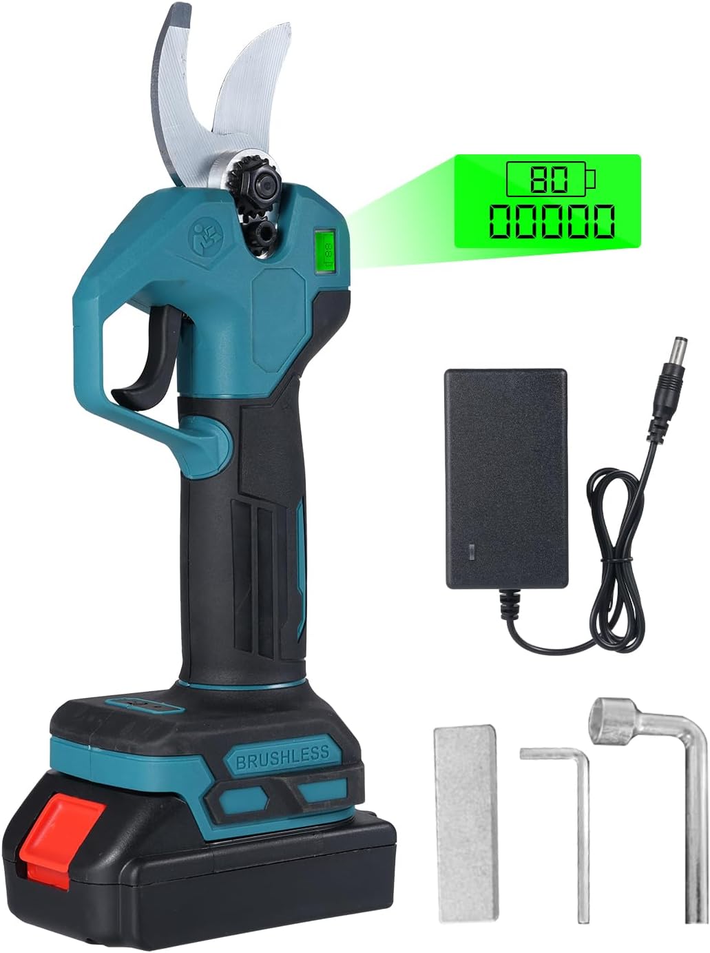 21V Electric Pruning Shear Brushless Pruning Shears with 1300mah Battery SK5 Carbon Steel Blade 35mm Cutting Diameter Built in ty Switch, US Plug, 1 Battery