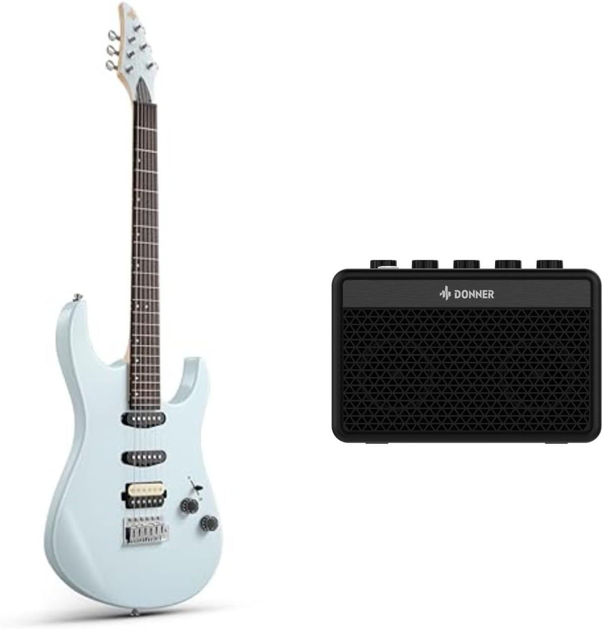 Donner DMT-66 39 Inch Full Size Electric Guitar for Beginner with Bag, Gray and Donner Mini Guitar Amp Small Electric Guitar Amplifier 5W Portable