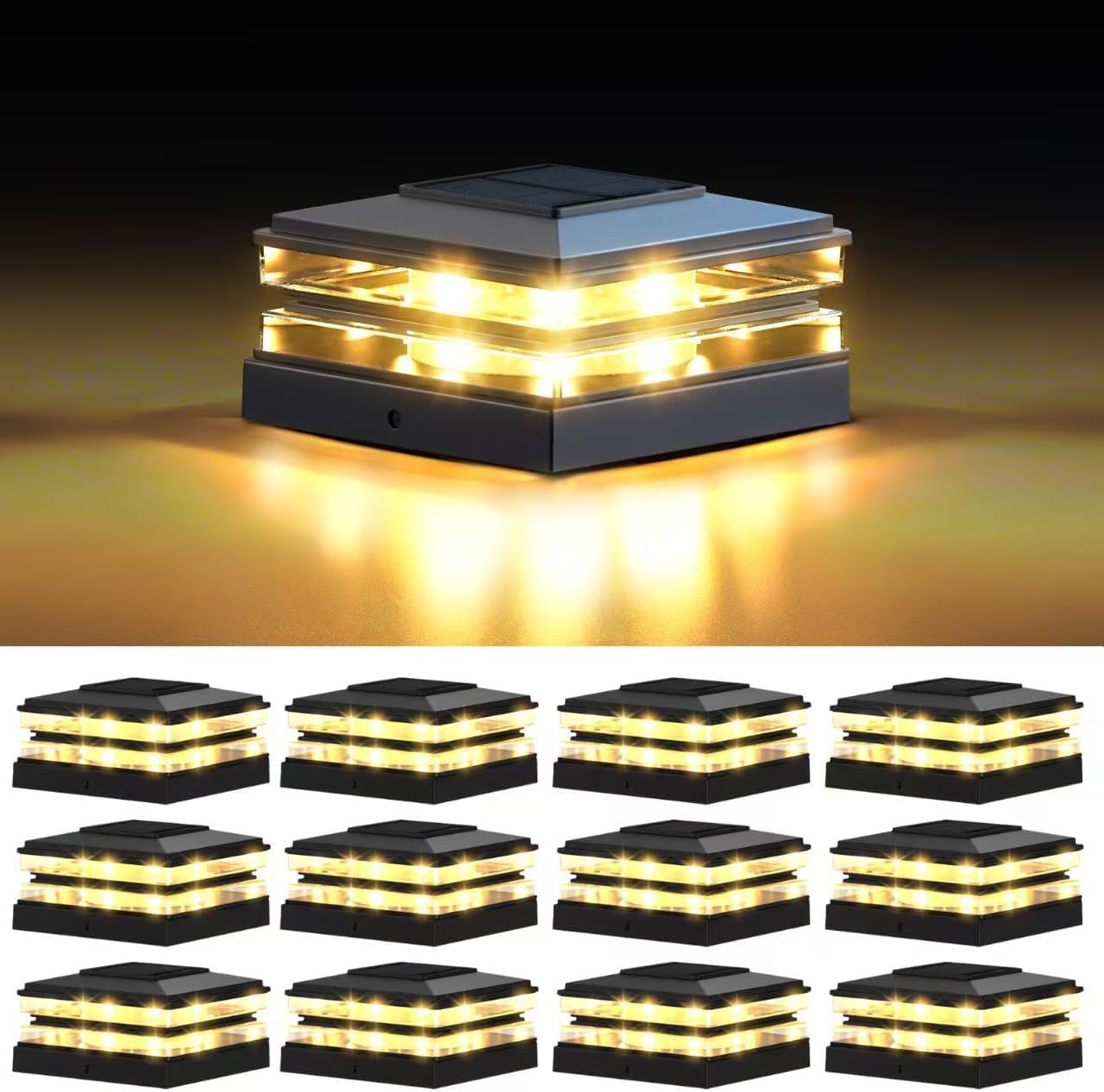 EXCMARK 4x4 Solar Post Cap Lights Outdoor Waterproof 12 Pack Fence Deck Post Lights with High-Brightness LEDs, Dual Light Modes Warm White & Cool White. (Classic Black, 12)
