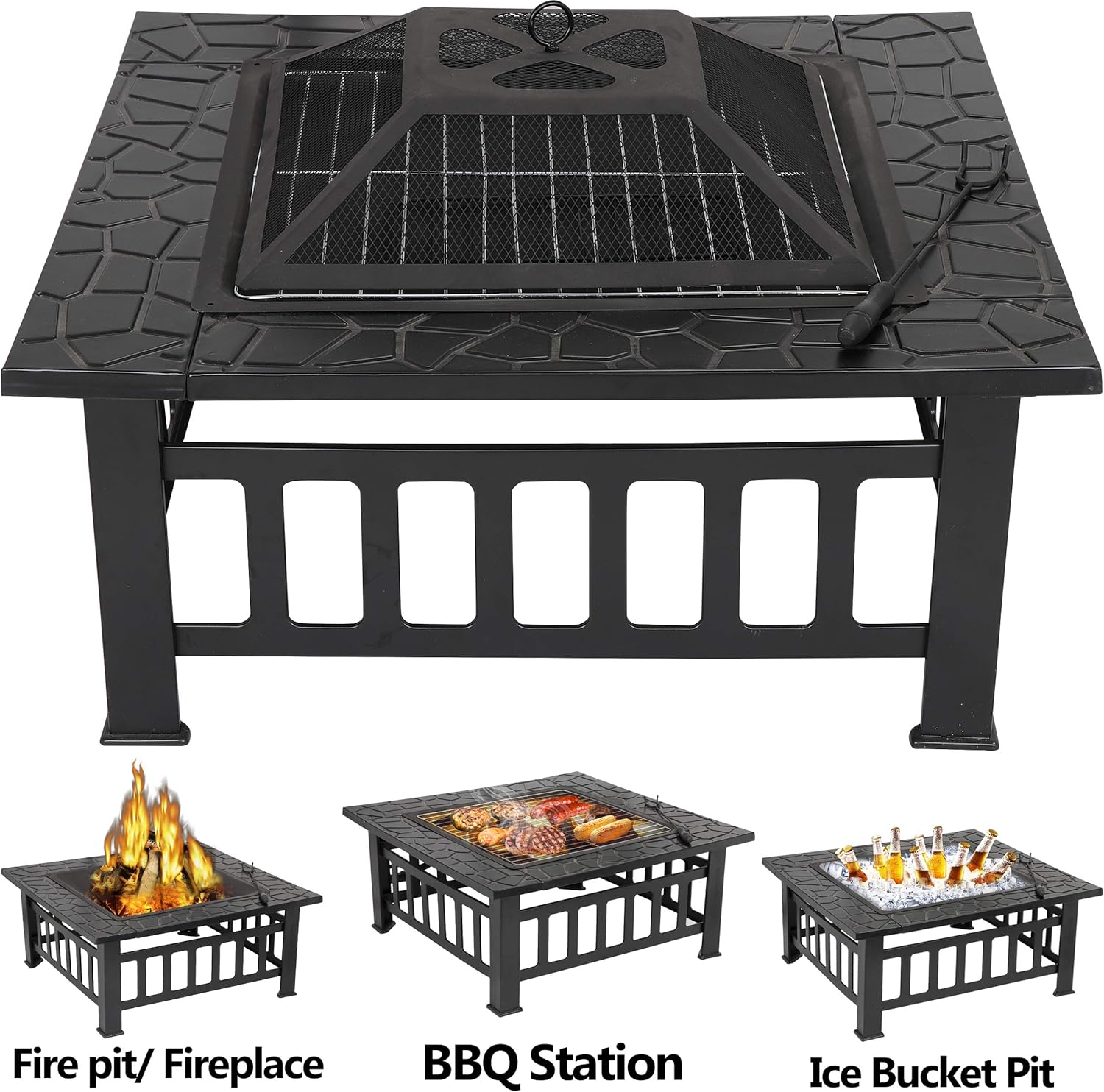 JungleA 32 Inch Outdoor Metal Fire Pit Square Table BBQ Fire Pit Burning Backyard Patio Garden Stove W/Rain Cover, Faux-Stone Finish