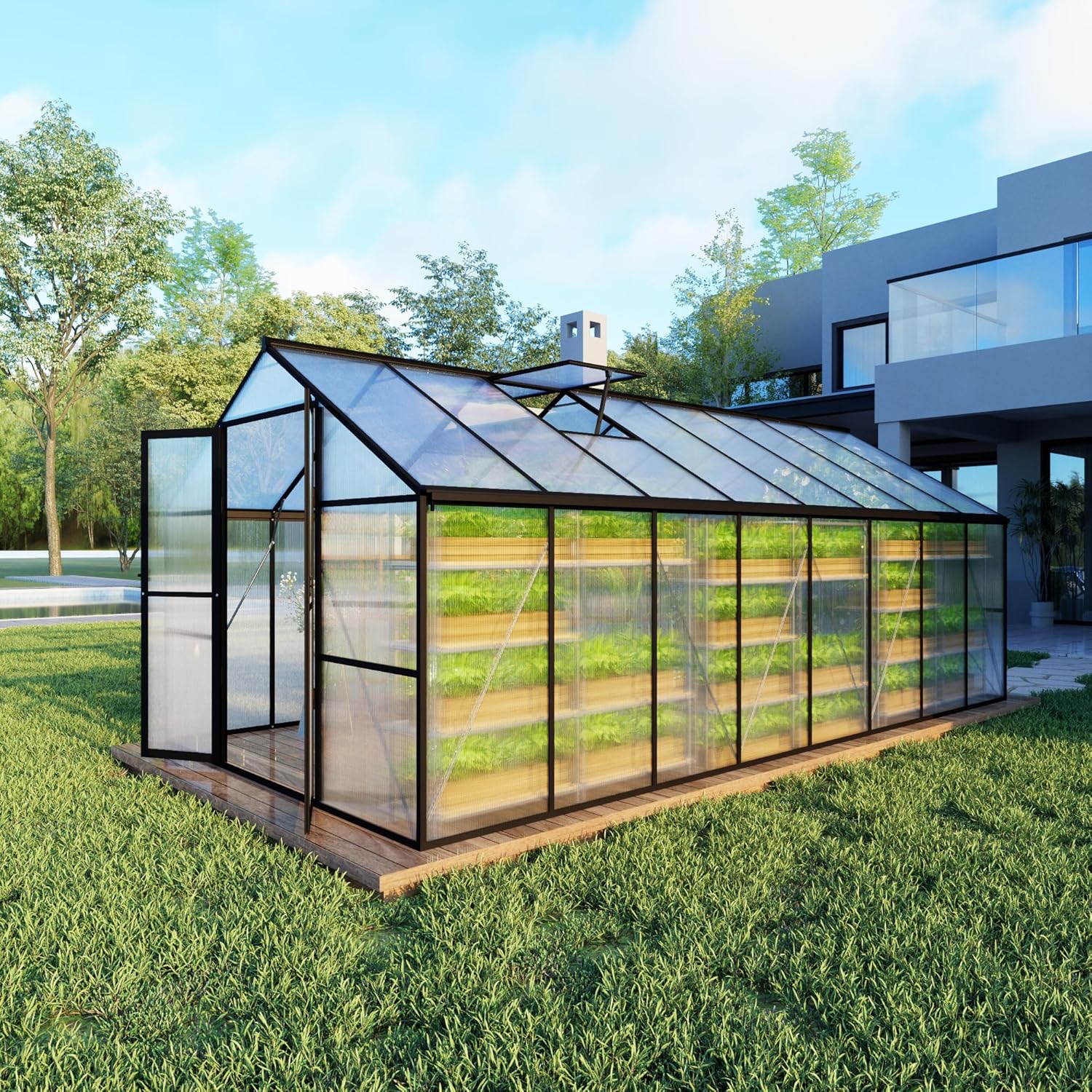 8X16 FT Green Houses for Outside, Quick Setup Walk in Greenhouse with Roof Vent and Rain Gutter, Aluminum Large Polycarbonate Greenhouses for Outdoor Backyard Garden, Black (189