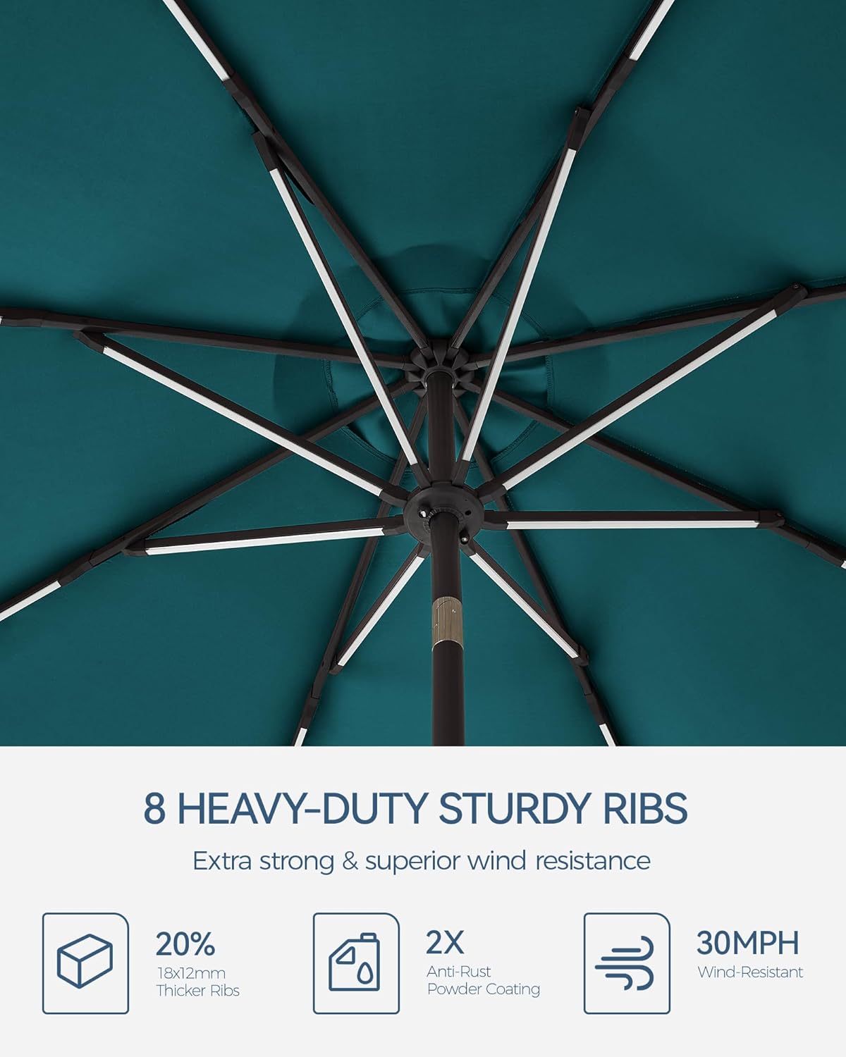 9 ft/10 ft Outdoor Patio Umbrella with Solar Lights, Solar+Power Bank Charging, Large Heavy Duty Beach, Pool, Deck, Market,Table Umbrella, 8-Rib Windproof, Fade Resistant, 30° Tilt & Crank