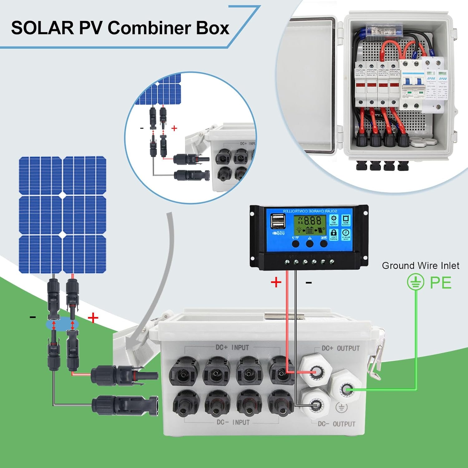 4 String Solar Combiner Box, IP65 Waterproof PV Combiner Box for On/Off Grid Solar System,with Lightning Arrester, 15A Rated Current Fuse & 63A Circuit Breaker(Plastic)