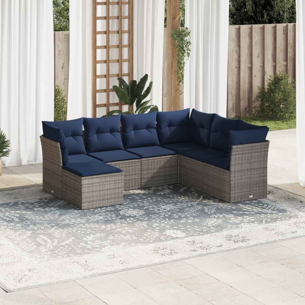 7 Piece Patio Sofa Set with Cushions, Gray Poly Rattan Outdoor Furniture, Modular Design for Backyard Terrace Balcony