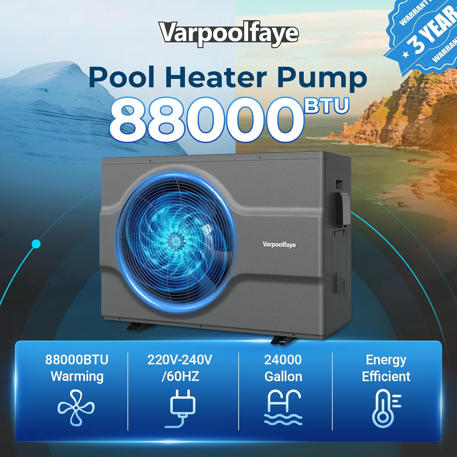 Inverter 88000 BTU Swimming Pool Heat Pump for Above Ground Pool Heater Inground 220V 24000 Gallon Heating or Cooling WiFi Control Schedule