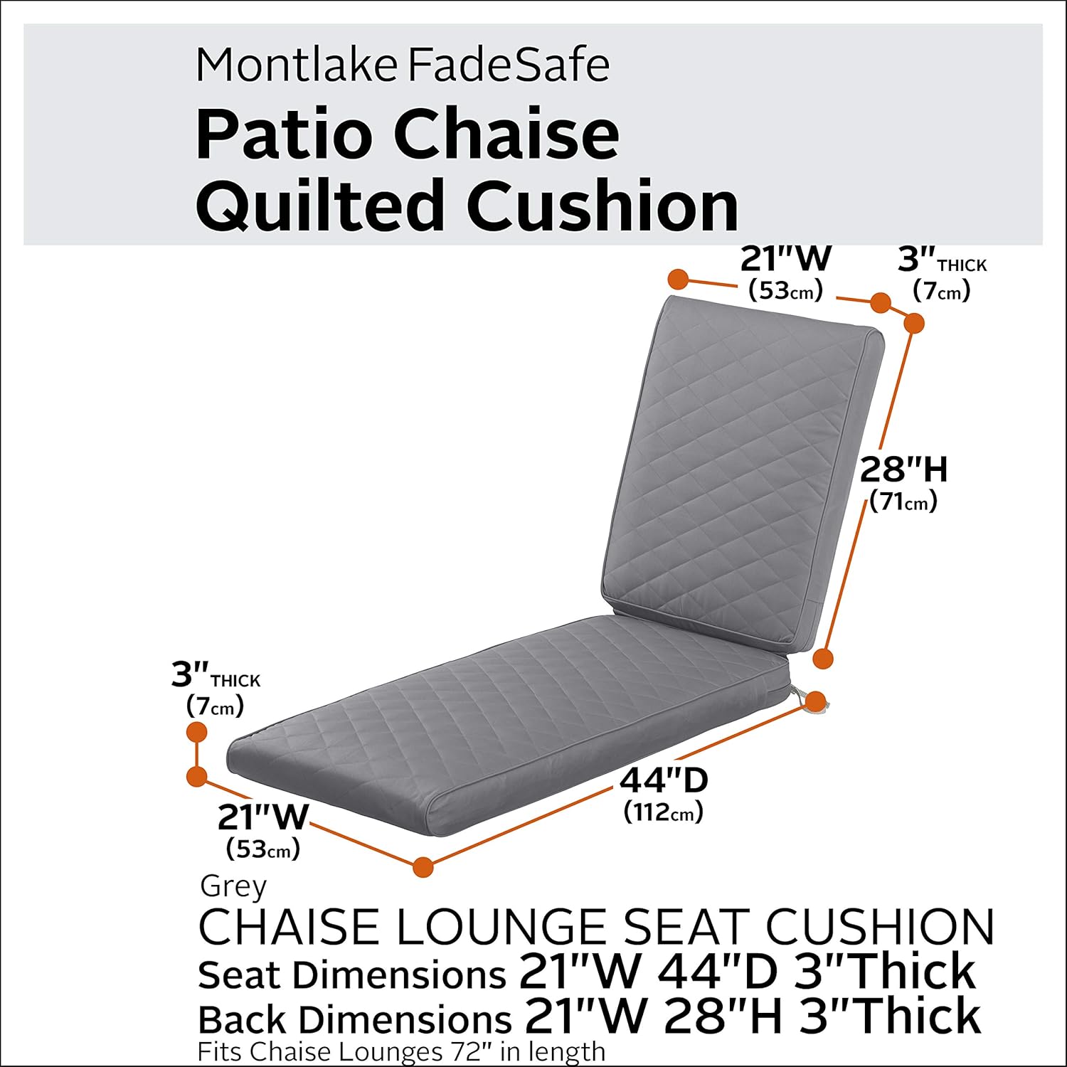 Classic Accessories Montlake Outdoor Chaise Lounge Cushion, 72 x 21, FadeSafe, Water-Repellent, Quilted Grey