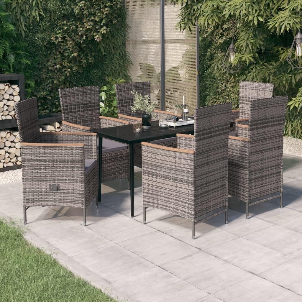 7 Piece Patio Dining Set with Cushions Gray,Essential Garden Dining Set: Reclining Chairs with Durable PE Rattan and Glass Tabletop Patio Furniture Sets, Outdoor Furniture Sets