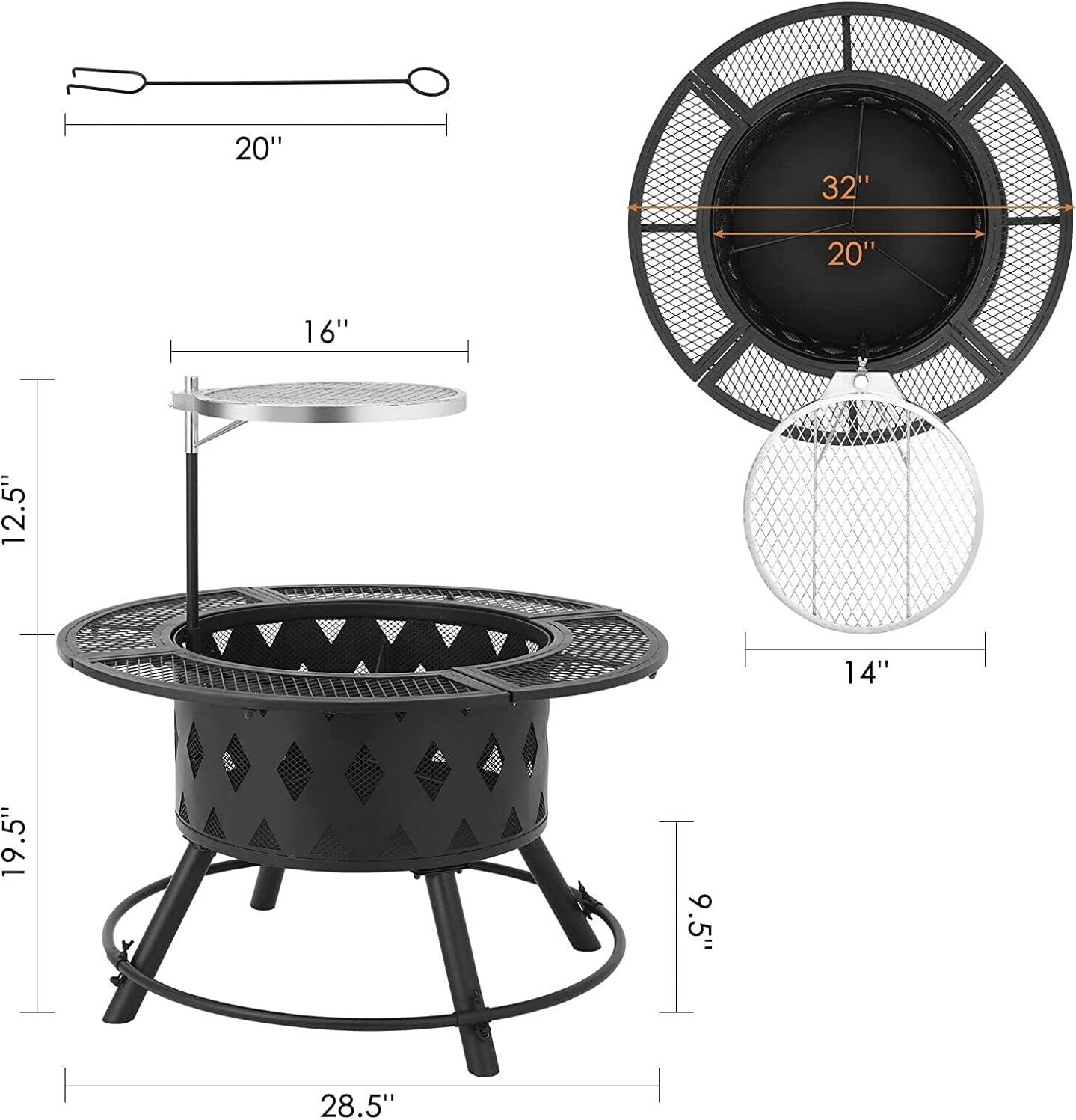 Garden Fire Pit Outdoor Patio BBQ Fire Pit Wood Burning Firepits Metal Firepit Backyard Square Stove Outdoor Fire Pit with Cooking Grill Barbecue Rack