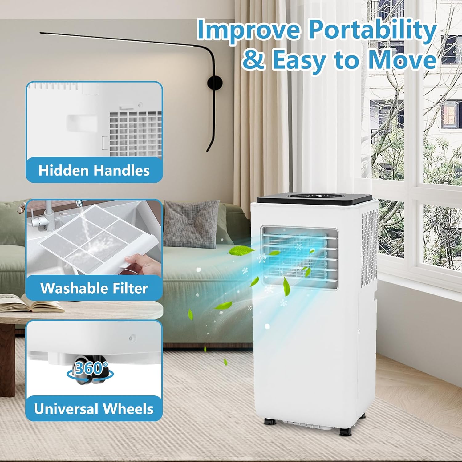 8,000 BTU Portable Air Conditioner with 3-IN-1 Cooling, Fan, and Dehumidifier, Cools up to 350 Sq.Ft, Quiet Operation with Sleep Mode, Remote Control, Auto Swing, and 24H Timer