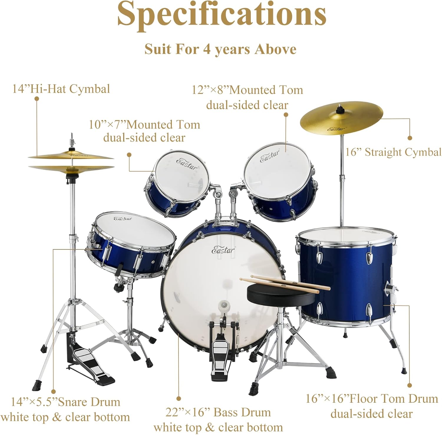 Drum Set Eastar 22 inch for Adults, 5 Piece Full Size Drum Kit Junior Beginner with Pedal Cymbals Stands Stool and Sticks, Metallic Blue