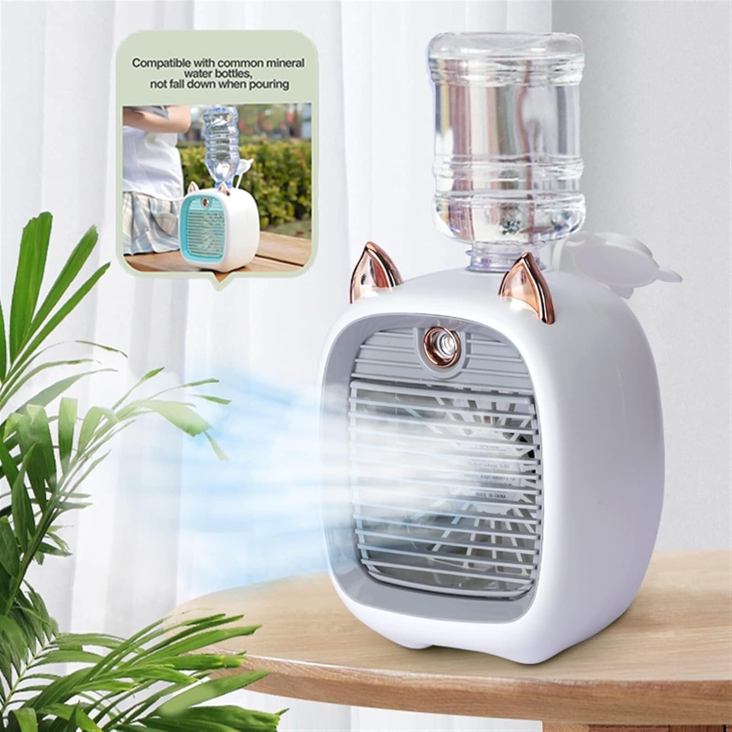 Portable Air Humidifier & Oil Diffuser, Rechargeable 1200/2400mAh Spray Cooling Fan, 3 Wind Speeds, Cute Outdoor & Home Mist Humidifier, Blue(Yellow)