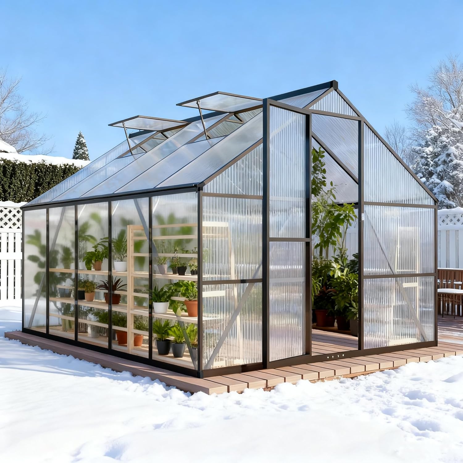 8x10 FT Outdoor Greenhouse for Winter Greenhouse Kit with Aluminum Frame, Polycarbonate Panels, Lockable Door, Adjustable Roof Vent, Heavy Duty Walk-in Design for Backyard, Garden and Patio