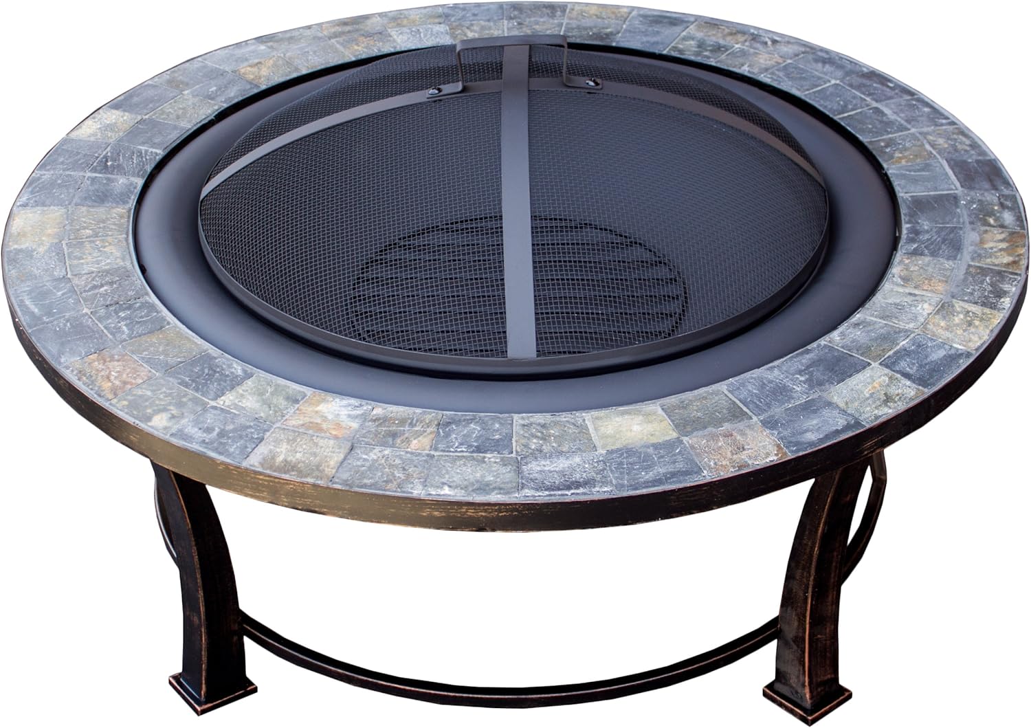 Hiland FT51216 Burning Fire Pit w/Wood Grate and Domed Mesh Screen Lid, Medium, Stone