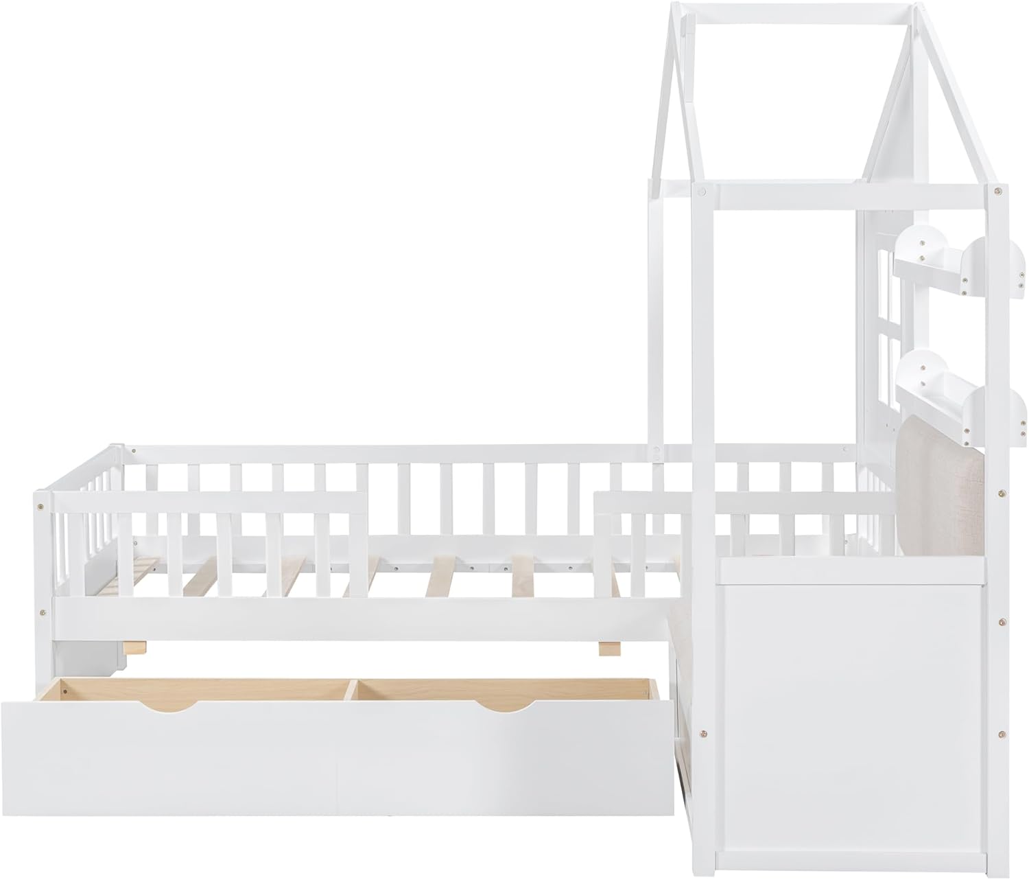 Twin Daybed Frame with Trundle and Charging Station, Upholstered Velvet Daybed with USB Ports and Storage Pockets, Solid Wood Slats Sofa Bed for Living Room, Guest Room, Apartments White (Product F)