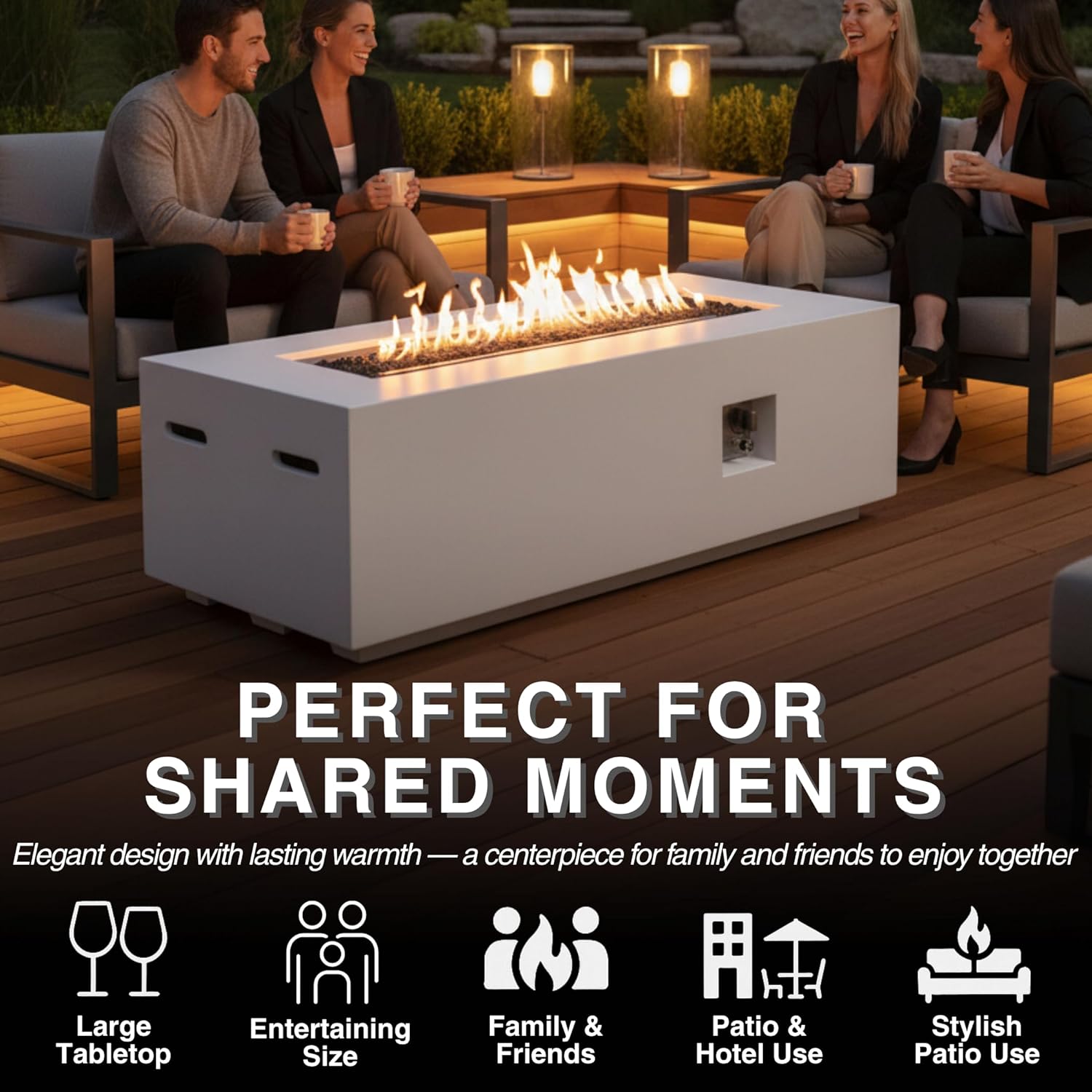 60-Inch Outdoor Gas Propane Fire Pit Table with Propane Tank Cover,Set-2-Piece,60,000 BTU Concrete Fire Pit with Free Rain Cover, Tank Seat, Lava Rocks, for Outside Patio Backyard,White