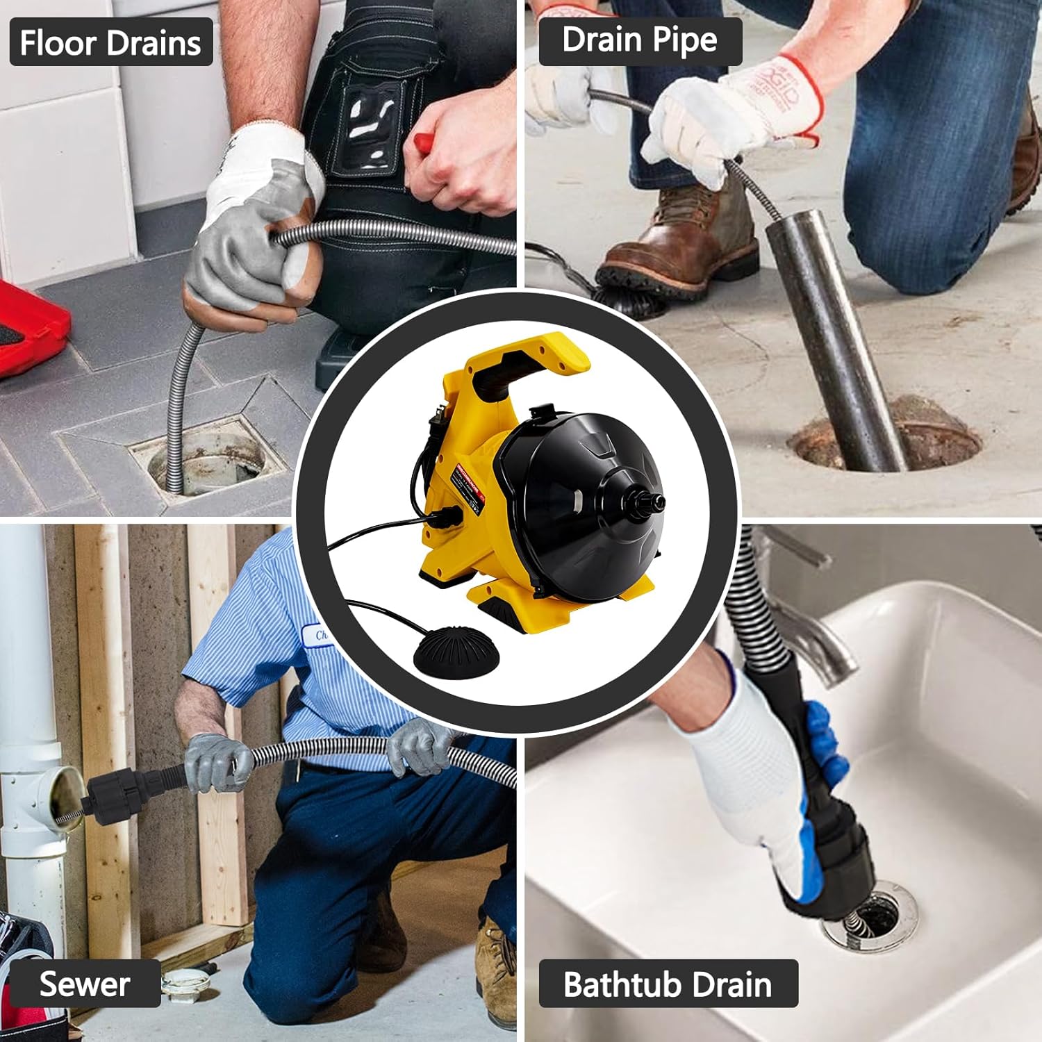 Drain Cleaner Machine 30Ft x 3/10In, Auto-Feed Electric Drain Snake with Foot Switch, Piano Wire Cable for 3/4